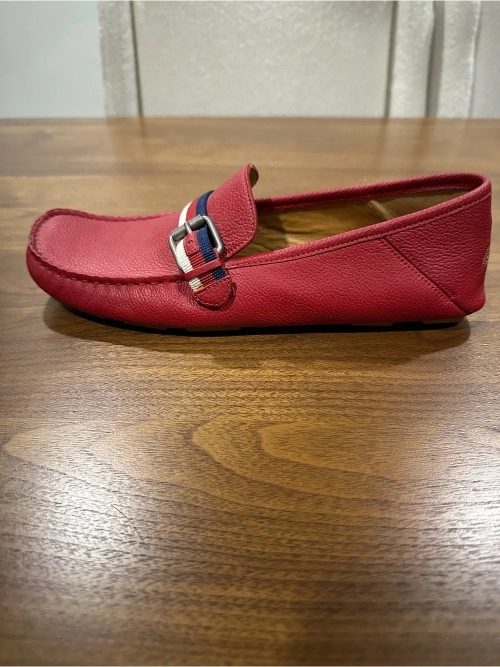 Gucci Red Pebbled Leather Loafers with Blue & White Web Detail
